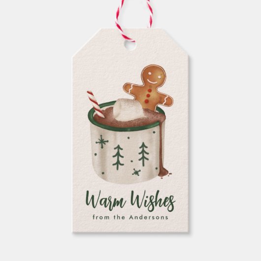 Schattigee koekjes en cacao Warm Wishes Vakantie Cadeaulabel (Voorkant)
