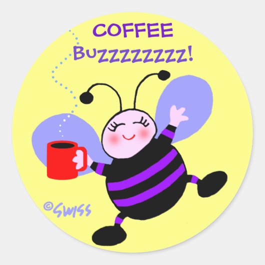 Schattigee Koffie Cafeïne Buzz Bey Bee Paarse Stre Ronde Sticker (Voorkant)