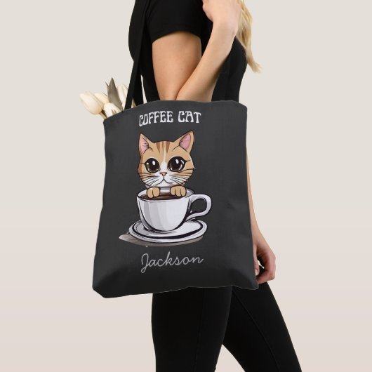 Schattigee koffiekat gepersonaliseerde grappige Ca Tote Bag (Dichtbij)