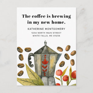 Schattigee koffiepot brouwen mijn nieuwe thuisoffe aankondigingskaart