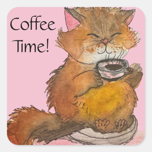 Schattigee Koffietijd Kat Vierkante Stickers (Voorkant)