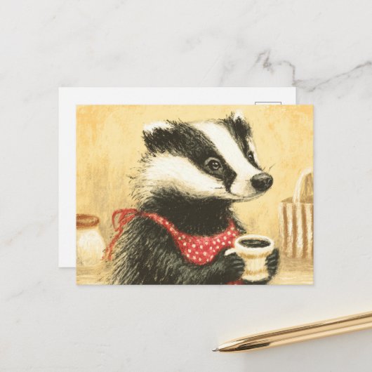 Schattigee koffietijd met Schattige Miss Badger Briefkaart (Voorkant / Achterkant in situ)