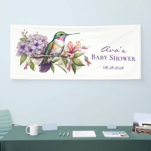 Schattigee kolibrie en bloemen meisje Baby shower Spandoek (Beurs)