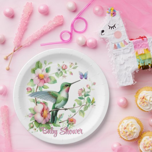 Schattigee kolibrie en vlinder meisje Baby shower Papieren Bordje (Feest)