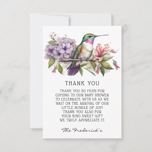 Schattigee kolibrie Flora Baby shower dank u kaart (Voorkant)