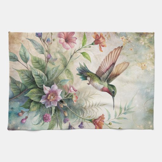 Schattigee kolibrie op bloemen theedoek (Horizontaal)