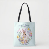 Schattigee konijn en bloemen  Happy Easter Tote Bag (Voorkant)