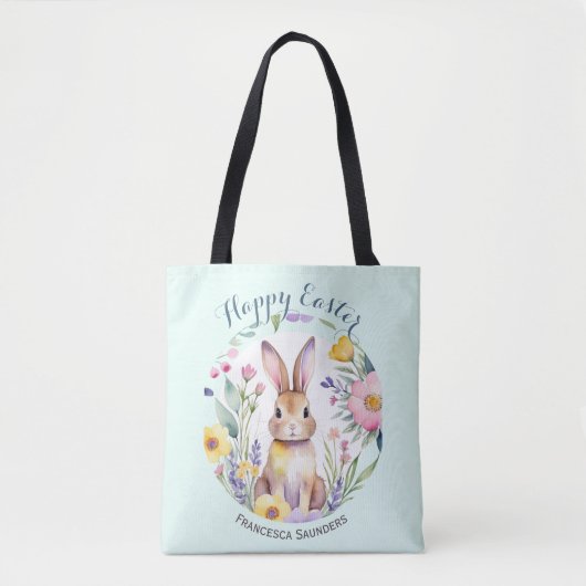 Schattigee konijn en bloemen  Happy Easter Tote Bag (Voorkant)