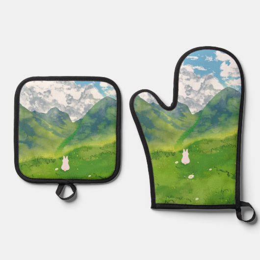 Schattigee konijn in Mountain Uitzicht Ovenwant & Pannenlap Set (Voorkant)