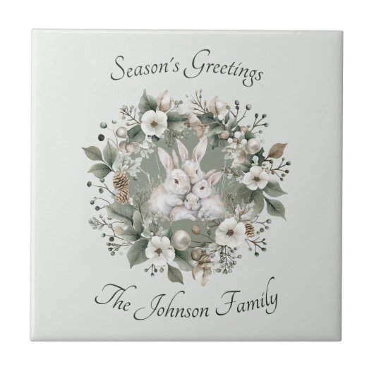 Schattigee konijnen in een bloemige winterkrans tegeltje (Voorkant)
