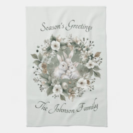 Schattigee konijnen in een bloemige winterkrans theedoek