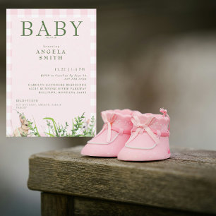 Schattigee konijnen Roze Gingham Baby Girl Shower Kaart