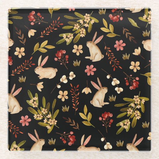 Schattigee konijnen: Waterverf handgetekend patroo Glazen Onderzetter (Voorkant)