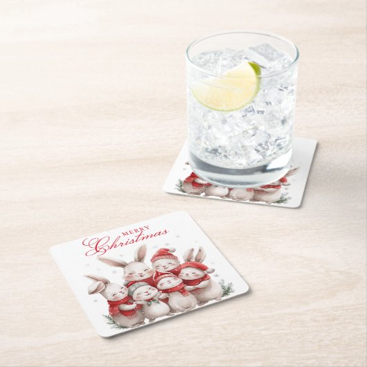 Schattigee konijnen Winter Waterverf Vrolijk Kerst Kartonnen Onderzetters (Insitu)