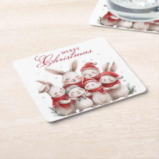 Schattigee konijnen Winter Waterverf Vrolijk Kerst Kartonnen Onderzetters (Schuin)