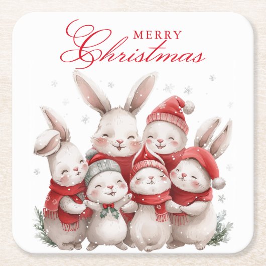 Schattigee konijnen Winter Waterverf Vrolijk Kerst Kartonnen Onderzetters (Voorkant)