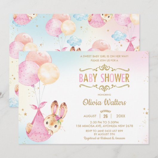 Schattigee konijnenballonnen Baby shower meisje Kaart (Voorkant / Achterkant)
