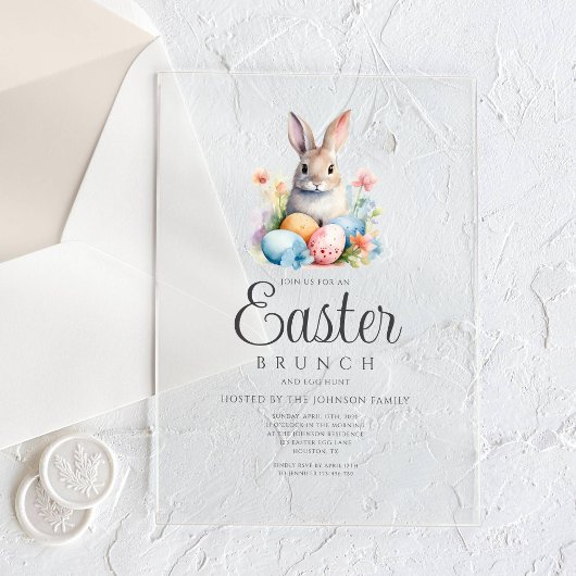 Schattigee konijneneierjacht en paasbrunch acryl uitnodigingen