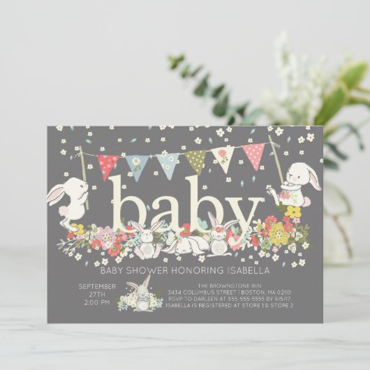 Schattigee konijnengeneutrale Baby shower uitnodig Kaart (Staand voorkant)