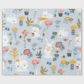 Schattigee konijntjes en bloemetjes cadeaupapier (Vlak)