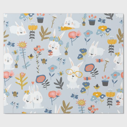 Schattigee konijntjes en bloemetjes cadeaupapier (Vlak)
