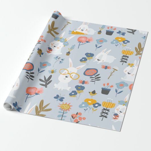 Schattigee konijntjes en bloemetjes cadeaupapier (Uitgerold)
