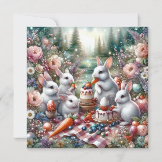 Schattigee konijntjes en eieren paasbrunch feestdagenkaart (Voorkant)
