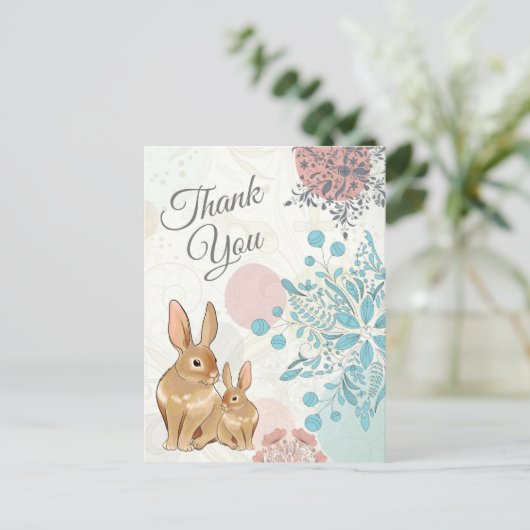 Schattigee konijntjes met bloemetjes Lente Dank je Briefkaart (Staand voorkant)