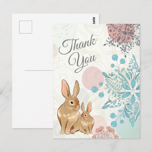Schattigee konijntjes met bloemetjes Lente Dank je Briefkaart (Voorkant / Achterkant)