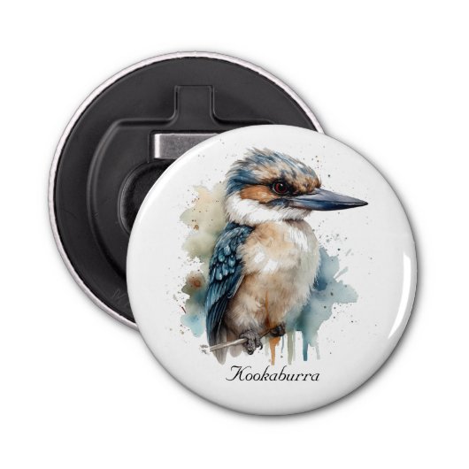Schattigee Kookaburra op een Branch, custom Button Flesopener (Voorkant)