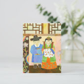 Schattigee koreaanse bruid en bruidegom: sla de da aankondigingskaart (Staand voorkant)