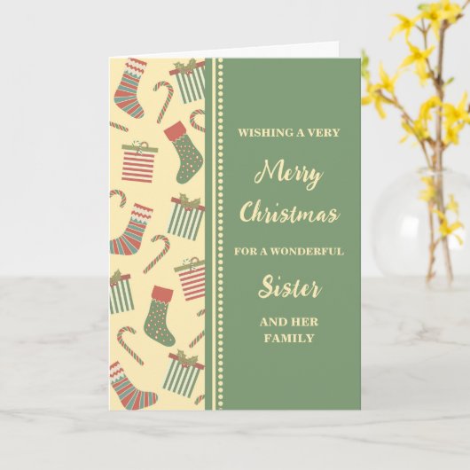 Schattigee kousen zus & familie vrolijk kerstfeest kaart (Gele Bloem)