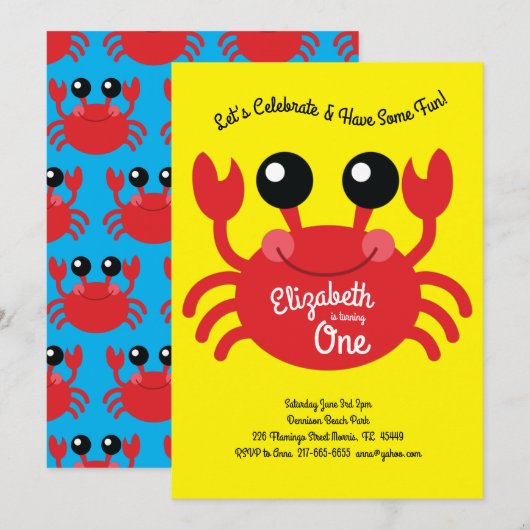 Schattigee Krab Beach Kinder 1e verjaardagsfeest Kaart (Voorkant / Achterkant)