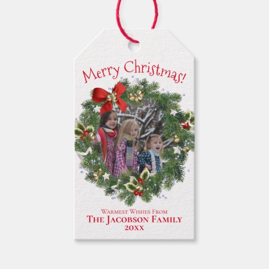 Schattigee krans foto Lijst Vrolijk kerstfeest Cadeaulabel (Voorkant)
