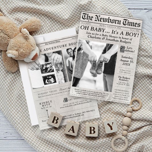 Schattigee krantenfoto Oh Baby Boy Shower Invitati Kaart