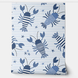 Schattigee kreeften op lichtblauwe en witte streep behang