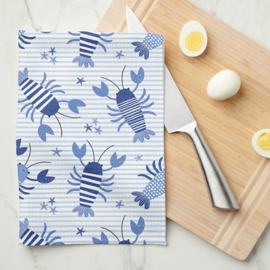 Schattigee kreeften op lichtblauwe en witte streep theedoek (Quarter Fold)