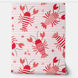 Schattigee kreeften op lichtroze en witte streep behang