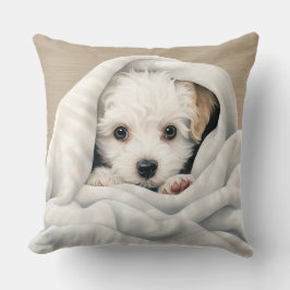 SCHATTIGEE KRULHARIGE WITTE PUPPY ONDER DEKEN KUSSEN