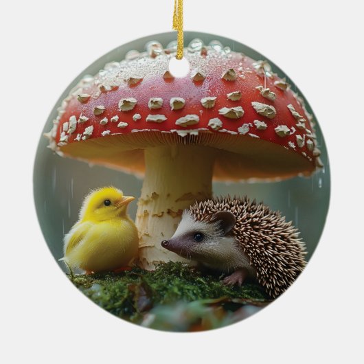 Schattigee kuiken en egel verbergen onder een padd keramisch ornament (Achterkant)