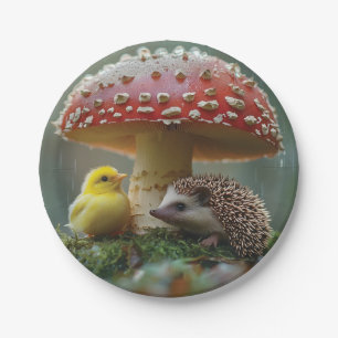 Schattigee kuiken en egel verbergen onder een padd papieren bordje