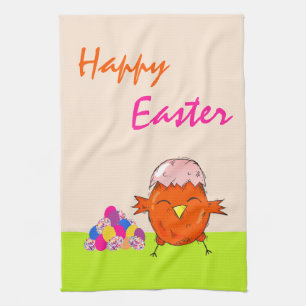 Schattigee kuiken kleurrijke paaseieren Happy East Theedoek