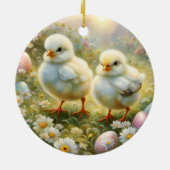 Schattigee kuikens in een weide met paaseieren,  keramisch ornament (Achterkant)