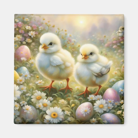 Schattigee kuikens in een weide met paaseieren, magneet (Voorkant)