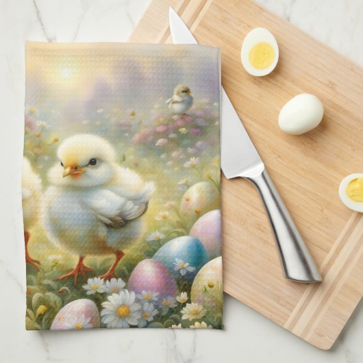 Schattigee kuikens in een weide met paaseieren,  theedoek (Quarter Fold)