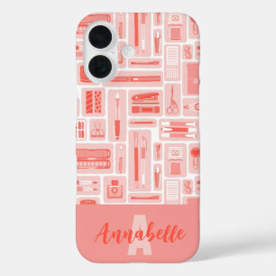 Schattigee kunst levert koraalrood patroonmonogram iPhone 16 hoesje