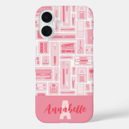 Schattigee kunst levert roze patroonmonogram iPhone 16 hoesje