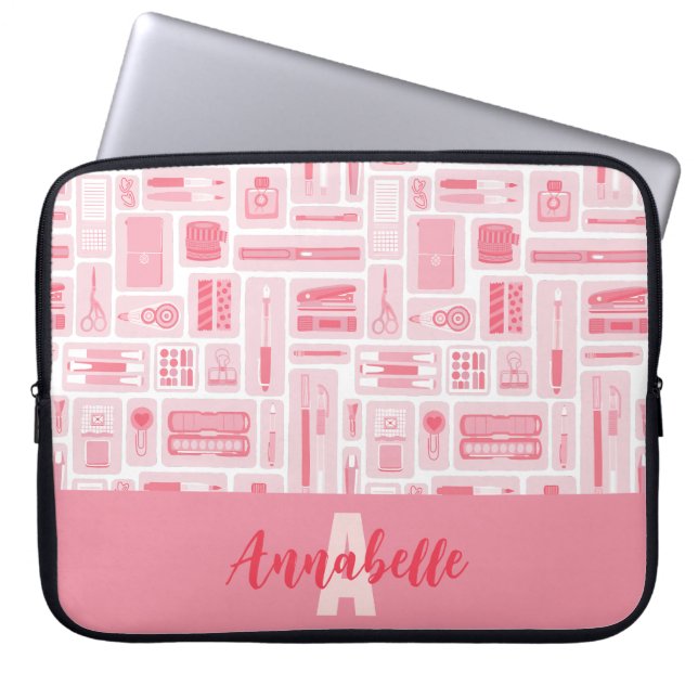 Schattigee kunst levert roze patroonmonogram laptop sleeve (Voorkant)