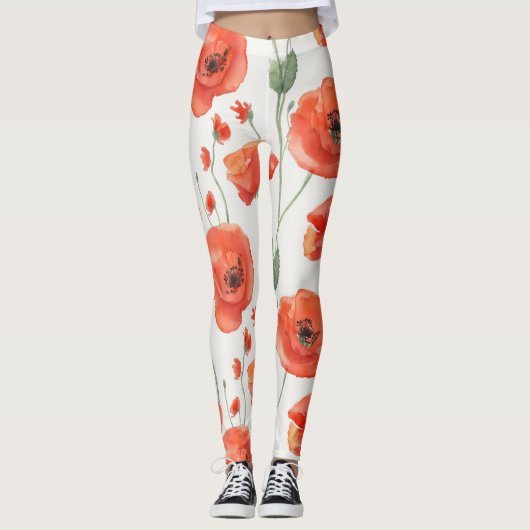 Schattigee Kunst Rood Wit Poppy Bold Bloemen Water Leggings (Voorkant)