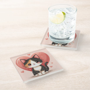 Schattigee kunst van Calico Cat Heart Kawaii Valen Glazen Onderzetter